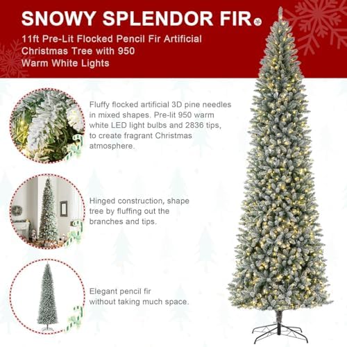 Glitzhome 11ft Prelit Artificial Christmas Tree, Snowy Splendor Fir Hinged Pencil Christmas Tree Holiday Decoration with 950 Warm White Lights and Foldable Metal Stand, Easy Assembly
