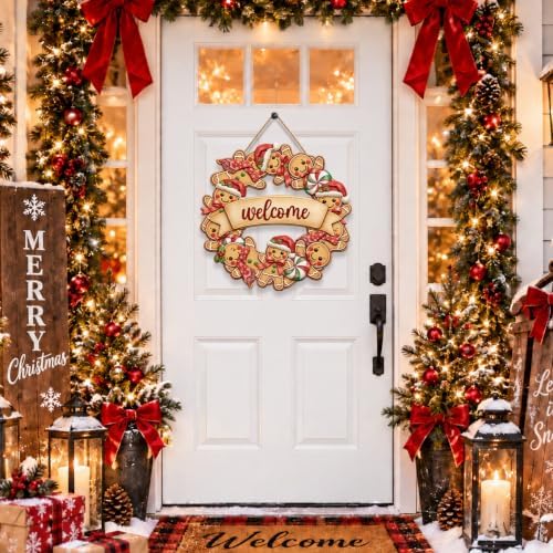Gingerbread Christmas Decorations Welcome Wreath Wooden Front Door Sign