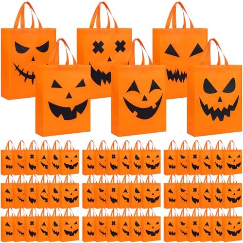 Sanwuta 96 Pcs Halloween Tote Gift Bags 14.9 x 11.8 Large Treat or Trick Pumpkin Reusable Non Woven Candy Goodies Bag for Halloween