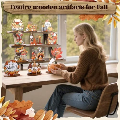 Leinuosen 12 Pcs Fall Table Decorations Thanksgiving Tiered Tray Decor Thanksgiving Centerpieces for Dinner Tables Autumn Gnome Maple Turkey Wooden Sign Fall Decor for Home Kitchen Shelf Farmhouse