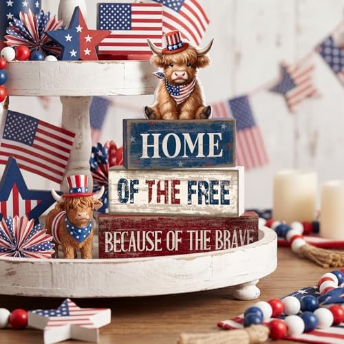 Moucuny 4 Pcs 4th of July Wooden Signs Patriotic Tiered Tray Decor