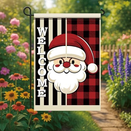 Christmas Santa Claus Garden Flag Welcome Sign Outdoor Yard Decoration Red Black Plaid Buffalo Check Holiday Banner Vertical Double Sided Winter Holiday House Lawn Decor 12 x 18 Inch