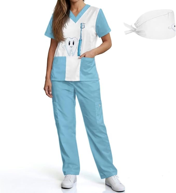 Gomyblomy Women's Scrubs Suit 3-Piece Set | Teeth Print V-Neck Top & Pants & Cap, Breathable and Stretch Fabric, S-5XL