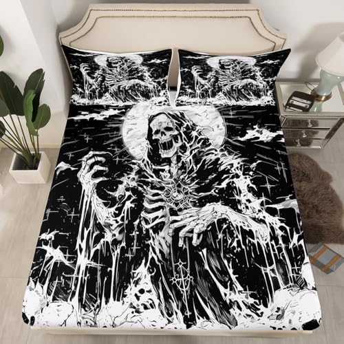 Skeleton Bed Sheet Queen Size Black White Sheets Sets Adults Bedroom Decor Gothic Skull Microfiber Bedding Set with Flat,Fitted Sheet,2 Pillow Cases
