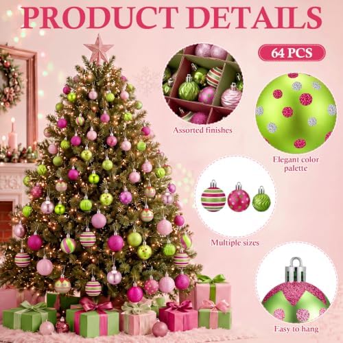 Lunmon 64 Pcs Lime Green Pink Christmas Ornaments Sets Polka Dot Xmas Balls