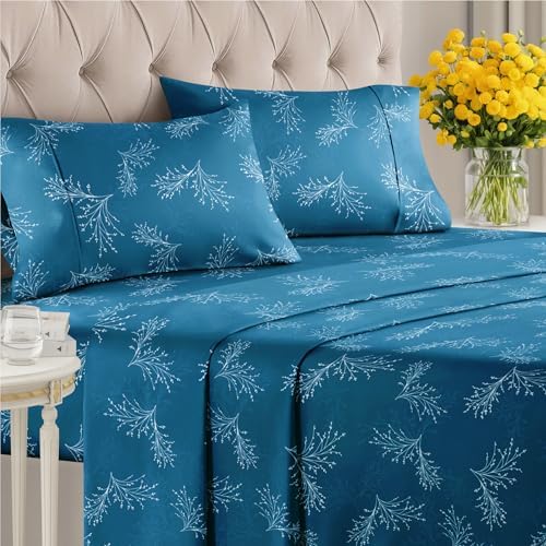 King 4 Piece Floral Sheet Set - Soft, Breathable & Cooling - Sea Spray