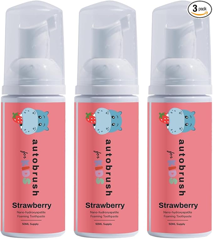 Autobrush Fluoride-Free Foaming Toothpaste for Kids, Strawberry Flavor, Whitening & Deep Cleaning, Travel Friendly, Anti-Cavity (Pack of 3)