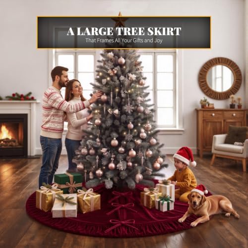 VEILS Large Christmas Tree Skirt, Velvet Burgundy Tree Skirts with Center Pleats and Plush Tie Closures for Christmas Party Favors Decor(72")