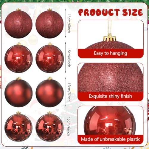 Yerliker 8 Pack 6 Inch Large Christmas Ornament Hanging Balls, Red