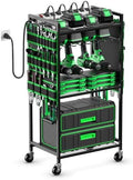 JUNNUJ Power Tool Organizer Cart with Charging Station, 10 FT Cord, Green