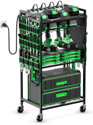 JUNNUJ Power Tool Organizer Cart with Charging Station, 6 FT Cord, Green