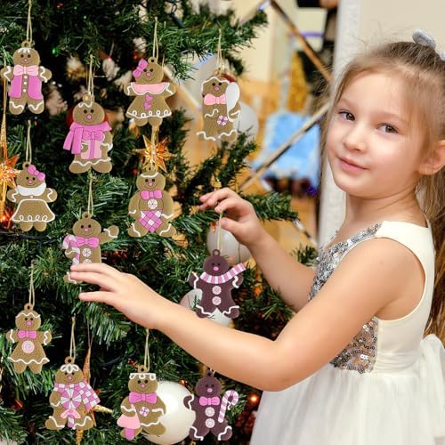 Gingerbread Man Ornaments Christmas Tree Decorations - 24pcs Pink Gingerbread Man Christmas Decorations Hanging Ornaments for Holiday Xmas Tree Home Decor