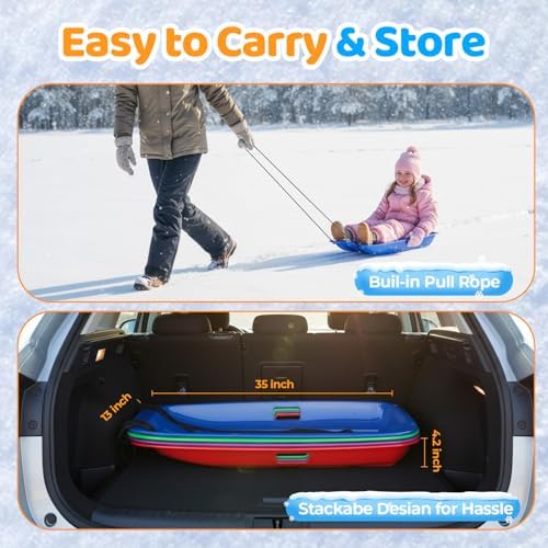 Snow Sled for Kids: 35", Cold-Resistant, Anti-lateral Drift, Included Rope, One Handle per Side, Fast, Stable, Stackable, Easy to Carry, Toboggan Sleds for Snow Days