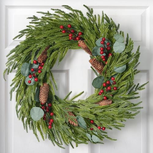 Christmas Decorations, 22 Inch Norfolk Pine Wreath with Pine Cones, Berries