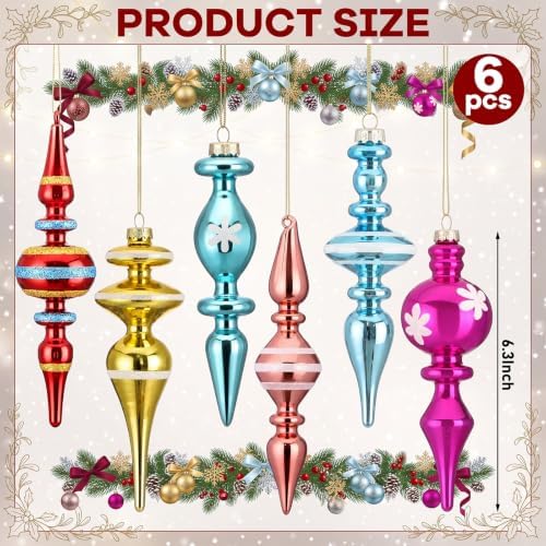 Soulchen 6 Pcs Vintage Glass Finial Christmas Ornaments Bright 6-6.8 Inch