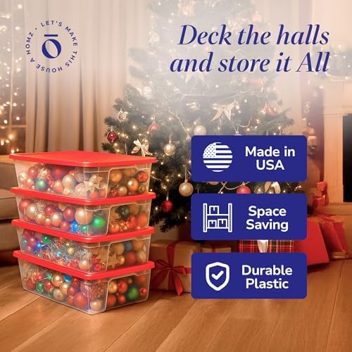 HOMZ Holiday Tote Plastic Storage Bin with Lid, 41 Qt, Clear/Red, 4 Pack