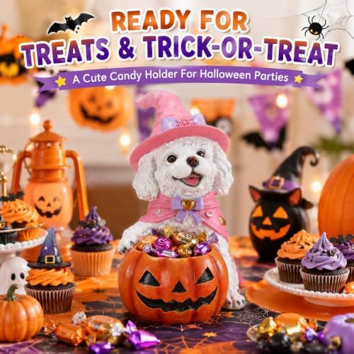 Halloween White Poodle Dog Candy Holder, Pumpkin Candy Bowl