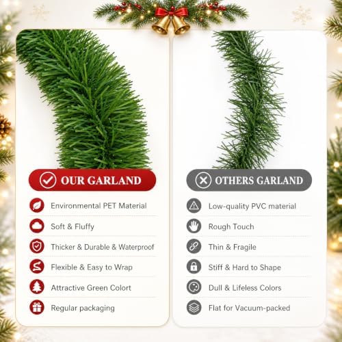 50FT Green Christmas Garland Decorations, Christmas Artificial Pine Greenery Garland Outdoor Indoor Decor, Straight Faux PVC Soft Garland for Stairs Railing Fireplace Window Mantle Home Party Decor