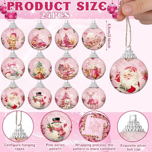 Outus 24 Pcs Christmas Tree Ornaments Ball Vintage Pink Christmas Decorations for Tree Vintage Style Santa Claus Snowman Hanging Ornaments Farmhouse Home Fireplace Decoration Holiday Party Favors