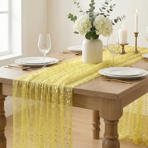 Artoid Mode Light Yellow Gold Gauze Table Runner 59x120 Inch 10FT, Glitter Metallic Foil Sheer Dining Wedding Anniversary Holiday Birthday Table Decor for Home Party