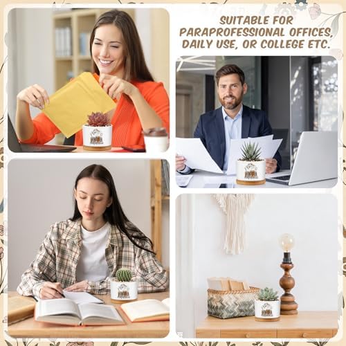 12 Pcs Paraprofessional Appreciation Gifts Succulent Planter Pots Ceramic Mini with Bamboo Trays Bulk for Teacher Assistant para Coworker Office Graduation Gifts, Plants Excluded