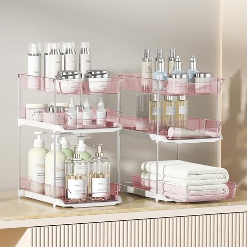 Delamu 2 Pack 3-Tier Bathroom Under Sink Organizers and Storage, Multi-Purpose Stackable Pantry Organization and Storage, Pull Out Clear Kitchen Bathroom Cabinet Organizer with Movable Dividers, Pink
