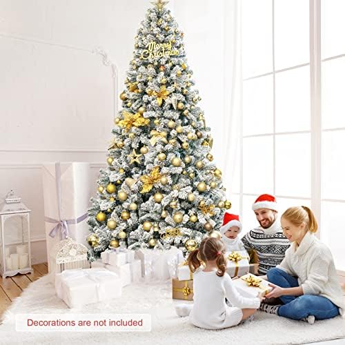 COSTWAY 9 FT Flocked Christmas Tree, Unlit Hinged Xmas Tree with 1498 Snowy Branch Tips & Metal Stand, Artificial Christmas Tree for Home Office Party Decoration, Green & White