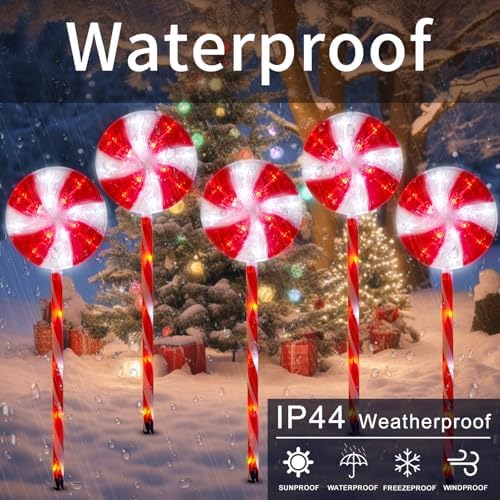 BRIGHTDECK 5 Pack Solar Christmas Pathway Lights, Red Lollipop Stakes