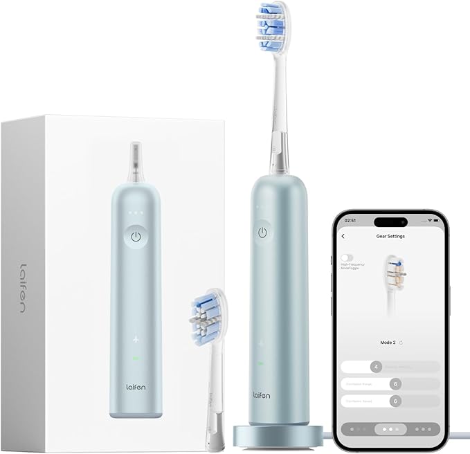 Laifen Wave Pro Sonic Toothbrush, 60° Oscillation & Pressure Sensor, Blue | Aluminum Material, APP Connectivity, 2 Replacement Brush Heads, 70-Day Battery, Travel Friendly, Wireless Charging, Easy Grip