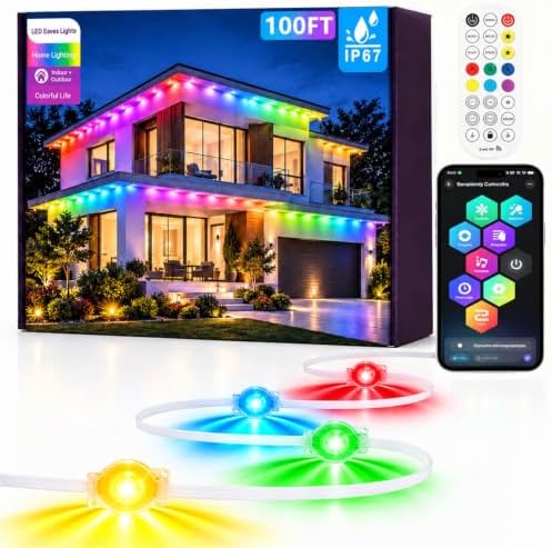 100Ft Permanent Outdoor Lights, RGB+IC Smart LED Eave Lighting with App/Remote Control,IP67 Waterproof,16 Million Colors,Scene Modes, DIY Music Sync, for Christmas, Holiday & Party Decor