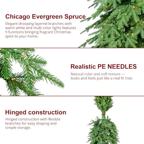 Glitzhome 11ft Prelit Artificial Christmas Tree, Pencil Christmas Tree Chicago Evergreen Spruce Slim Holiday Tree with 800 Warm White & Multi-Color Lights, 3,637 PE&PVC Tips, Easy Setup for Xmas Décor