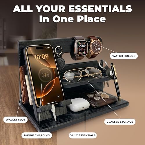 TESLYAR Wood Phone Docking Station for Men - Desk or Nightstand Organizer - Birthday Gifts for Husband, Dad - Anniversary Idea from Wife - Key Holder, Stand Wallet, Watch & Essentials (Granite Black)
