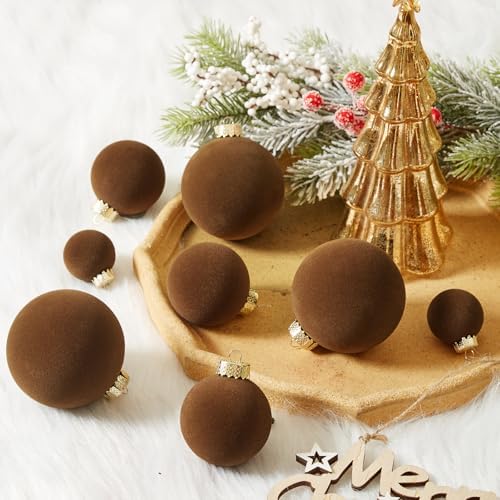 Brown Velvet Christmas Ball Ornaments-46pcs Flocked Xmas Tree Decorations