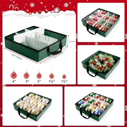 Christmas Ornament Storage Box, 8 Individual Trays with Handles, Green