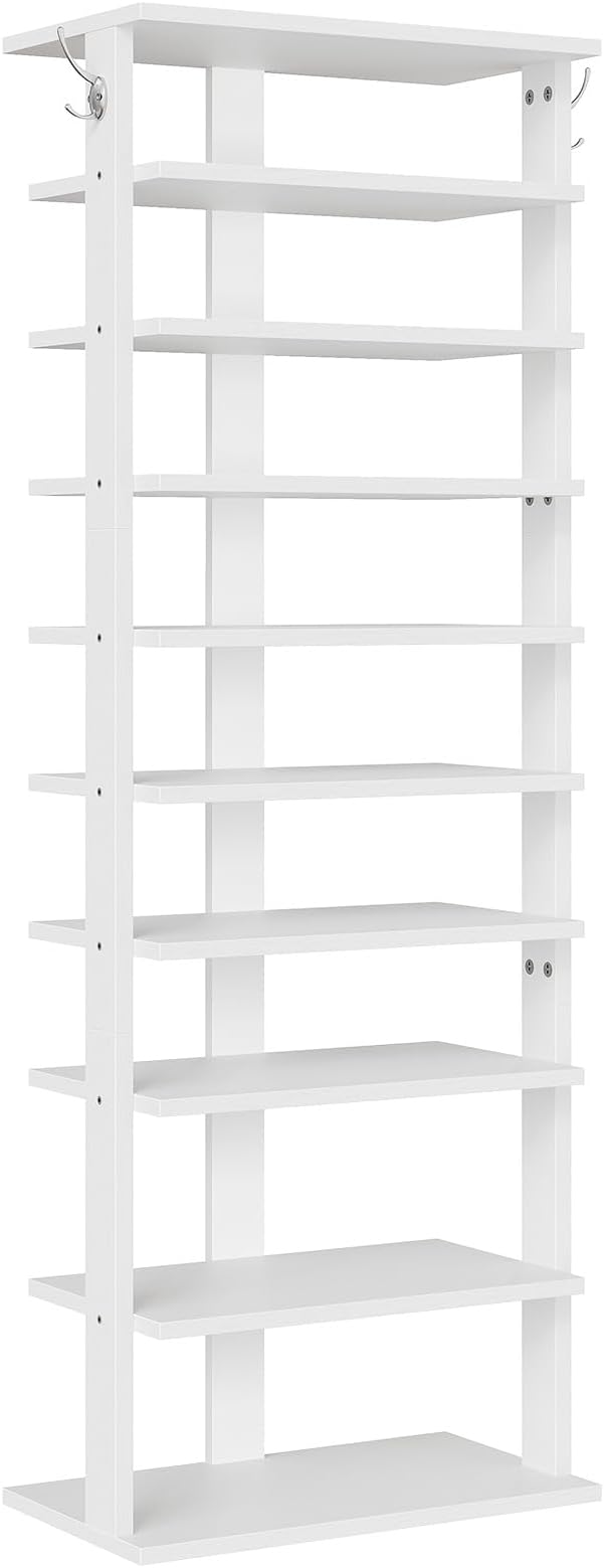 HOOBRO 10 Tiers Vertical Shoe Rack, Wooden Shoe Storage Organizer with Hooks, Narrow Shoe Tower for 20 Pairs, Space Saving, for Entryway, Living Room, Bedroom, White WT140XJ01