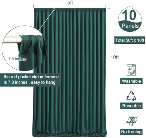 10 Panels Hunter Green Backdrop Curtain for Parties Wrinkle Free Dark Green Photo Curtains Backdrop Drapes Fabric Decoration for Weding Baby Shower Birthday Party Photography 50ft(W) x 10ft(H)