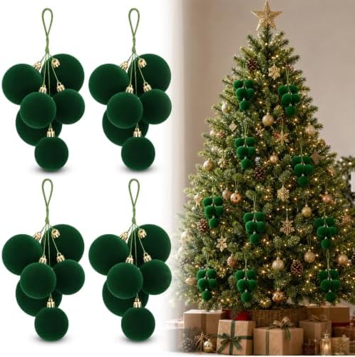 Roowest 4 Sets Large Green Velvet Christmas Ball Clusters Ornaments Decor