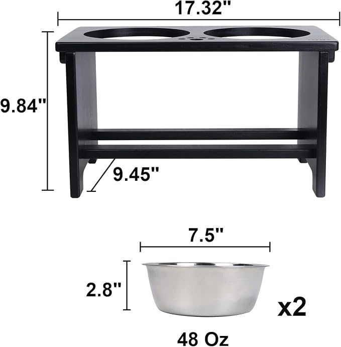 HTB Elevated Dog Bowl Stand with 2 Stainless Steel Bowls-10 H Large Black | Raised Dog Bowl Stand, 10"tall, 48 Oz Bowls, for Large Sized Dogs, Pet-safe, Solid Bamboo