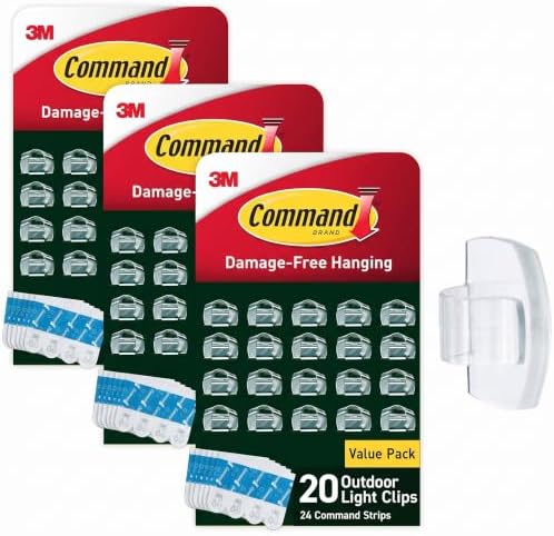 Command Outdoor Light Clips, Clear, 20 Clips, 24 Weather Resistant Strips (Pack of 3)