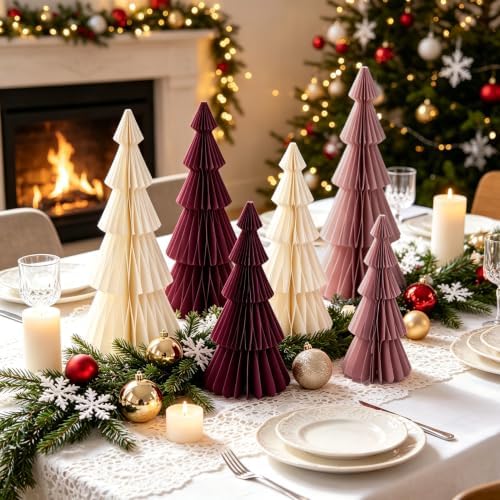 SUNBEAUTY Honeycomb Paper Christmas Tree, Foldable 3D Honeycomb Trees Table Centerpiece, Vintage Reusable Table Decor for Xmas Holiday Modern Home Mantel Decor