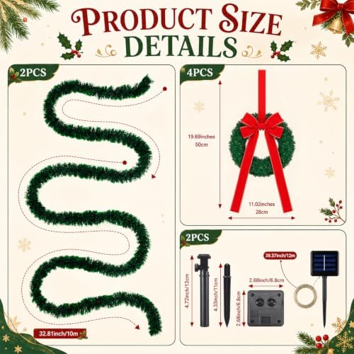 Hotop 8 Pcs Christmas Fence Decorations Outdoor with Solar Lights