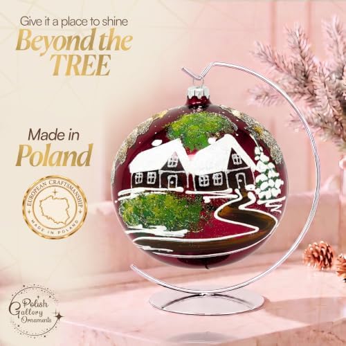 Hand Blown Glass Christmas Ornaments Ball, Countryside Burgundy 6in + Stand
