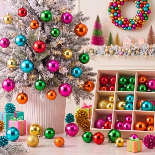 Lunmon 64 Pcs Multicolor Christmas Ornament Bright Color Xmas Baubles