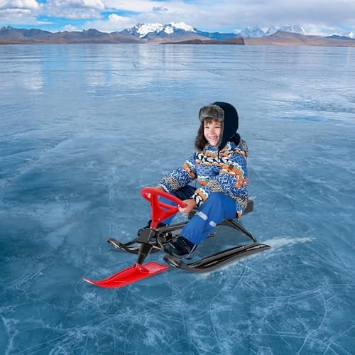 Snow Racer Sled with Steering Wheel, Ski Sled Slider Board with Twin Brakes and Pull Rope, Snow Bike Sled for Kids Age 4 and Up, Outdoor Winter Toboggan with Iron Frame, 165 Lbs Weight Capacity