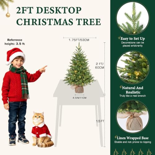 Alupssuc 2ft Prelit Artificial Small Christmas Tree with Warm White Lights