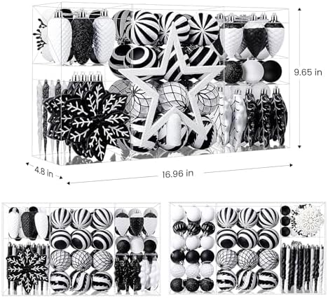 SHareconn 106PCS Christmas Balls Ornaments Set, Colorful Shatterproof Plastic Decorative Baubles for Xmas Tree Decor Holiday Wedding Party Decoration with Hanging Hooks, Black & White
