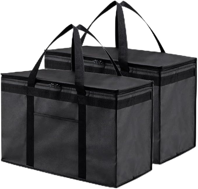 Insulated Food Bag, Portable Cooler Tote (2XL, Black, 2 Pack) | Large thermal bag, For cold & hot food, Soft sided cooler, Heavy duty carrier, Grocery shopping, Food delivery, Catering bag