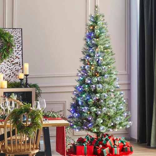Glitzhome Prelit Christmas Tree, 7.5ft Artificial Green Christmas Tree Charming Cashmere Slim Pine with 350 Warm White and Multi-Color Globe LED Lights, 9 Function w/Foot Pedal and Remote Control