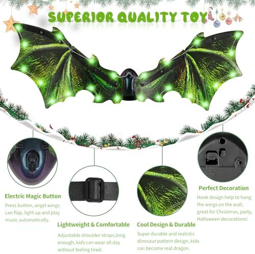 maysida Electric Dragon Wings, Kids Dinosaur Costume Wings with LED Light & Music, Halloween Dino Dress-Up Costumes for Boys & Girls, Green Dinosaur toys for Kids as Christmas Birthday Party Gifts