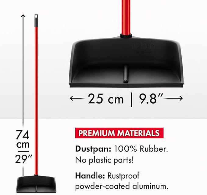 Dustpan with Handle by Ravmag- Solid Natural Rubber Construction- 2 Piece 29 Inch Handle Dust Pan- Stand Up Design- Accommodates Any Broom/Hand Brush- Best Dustpans for Home/Lobby/Shop